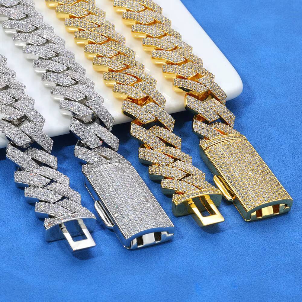 Three Rows Full Diamonds S925 Silver Moissanite Necklace for Men Hip Hop Rhombus Cuban Chain Style