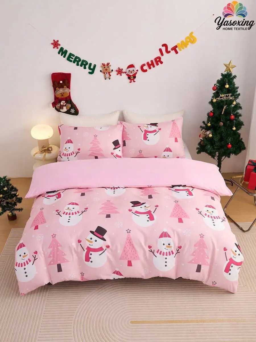 Christmas 2/3pcs Pink Christmas Snowflake Gift Gingerbread Man Snowman Pattern Reversible Color Duvet Cover Bedding Set Soft Breatheable Y251126