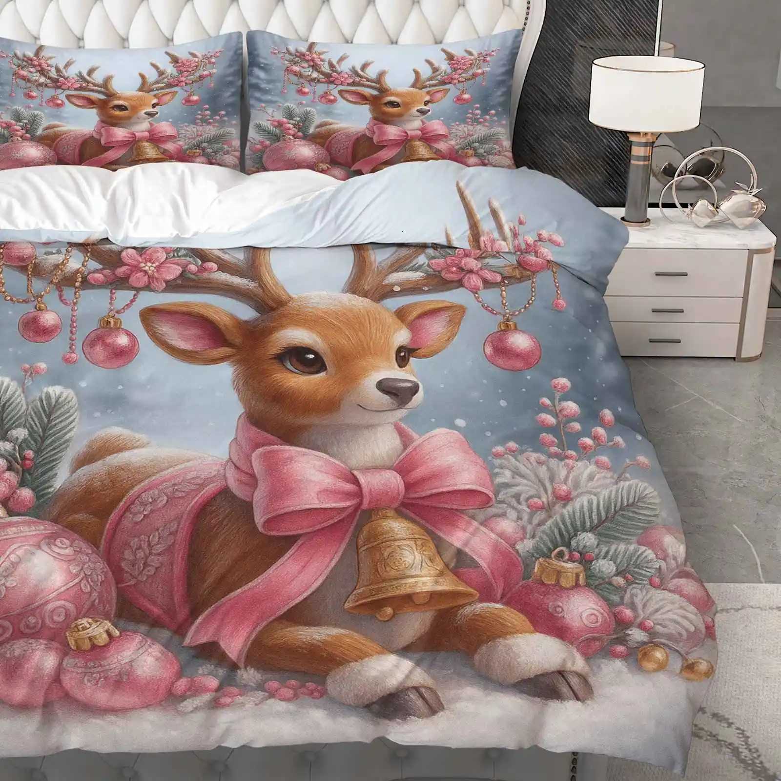 Christmas 3pcs Duvet Cover Set 1 Duvet2 Pillowcases Pink Christmas Deer Winter Snow Scene Theme Christmas Bedding Set Queen King Size Y251126
