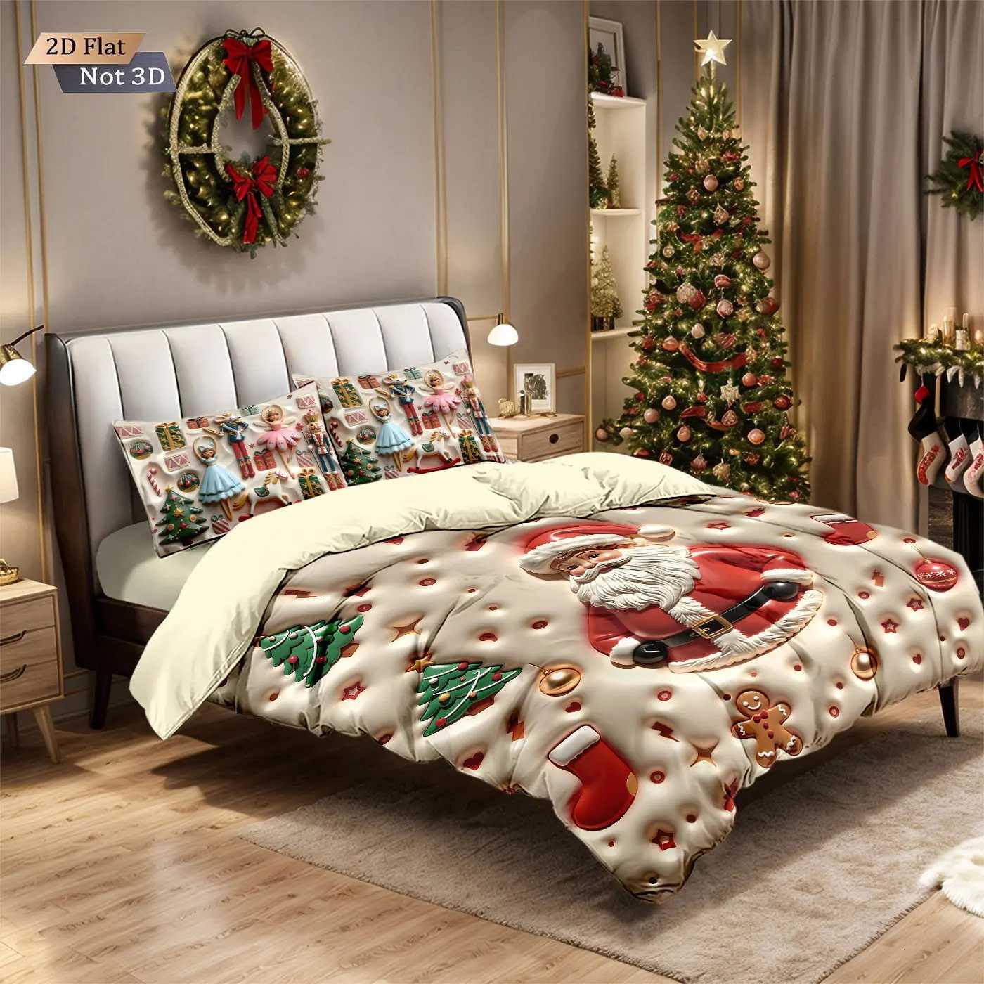 Christmas 3pcs imitation relief Santa Claus print coreless bedding set multi size bedroom bedding holiday decoration machine washable Y251126