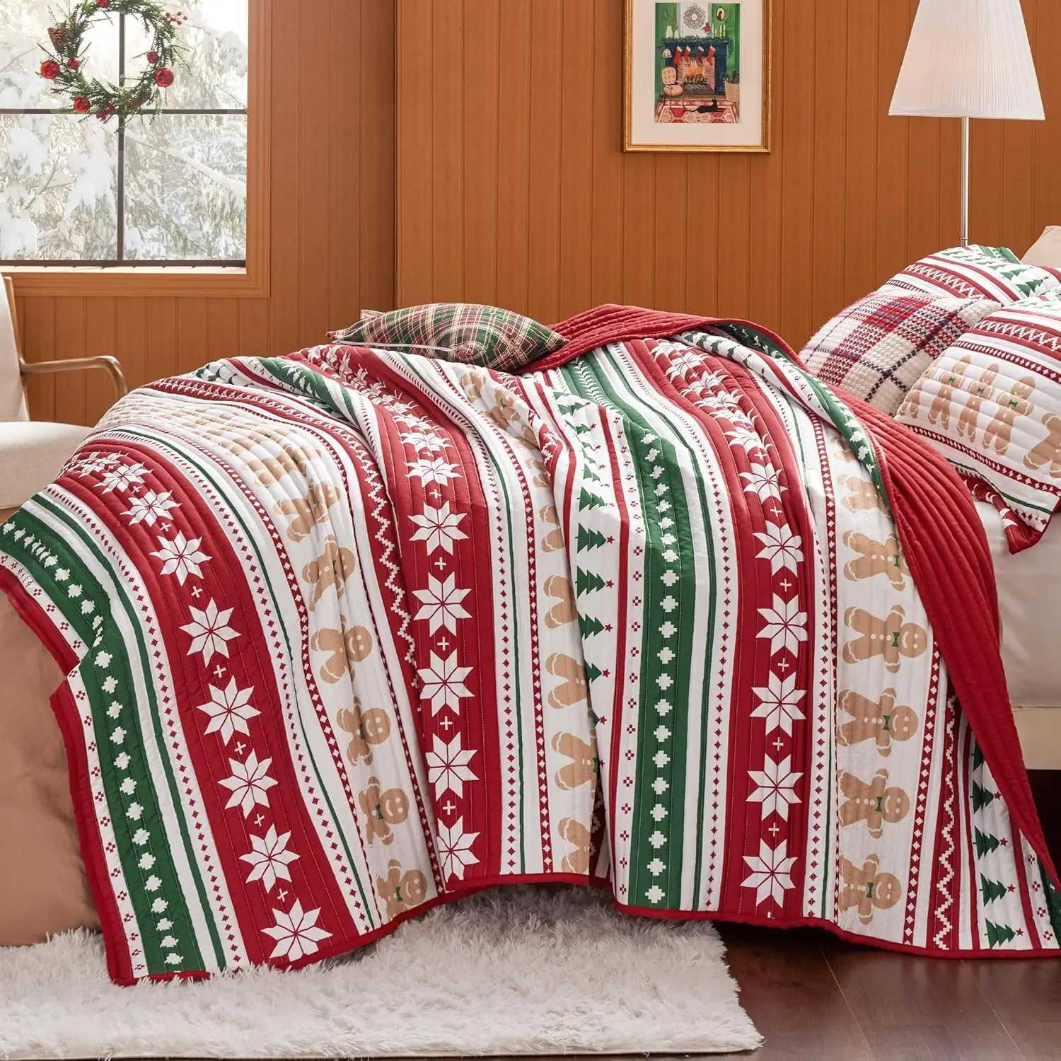 Christmas Christmas Quilt Set King Red Quilt for King Size Bed Gingerbread Man Striped Printed Pattern Christmas Bedding Set Soft Microfib Y251126