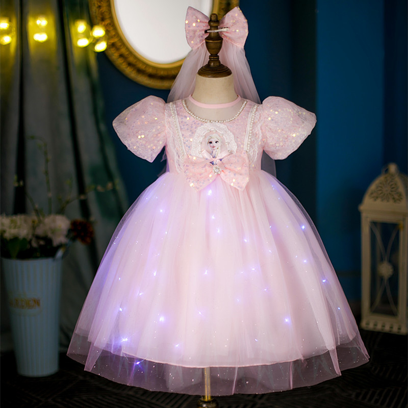 DISNEY Kids designer clothes Frozen baby clothes Glowing Elsa princess dress Aisha dress for girls Spring and summer children's short-slee birthd