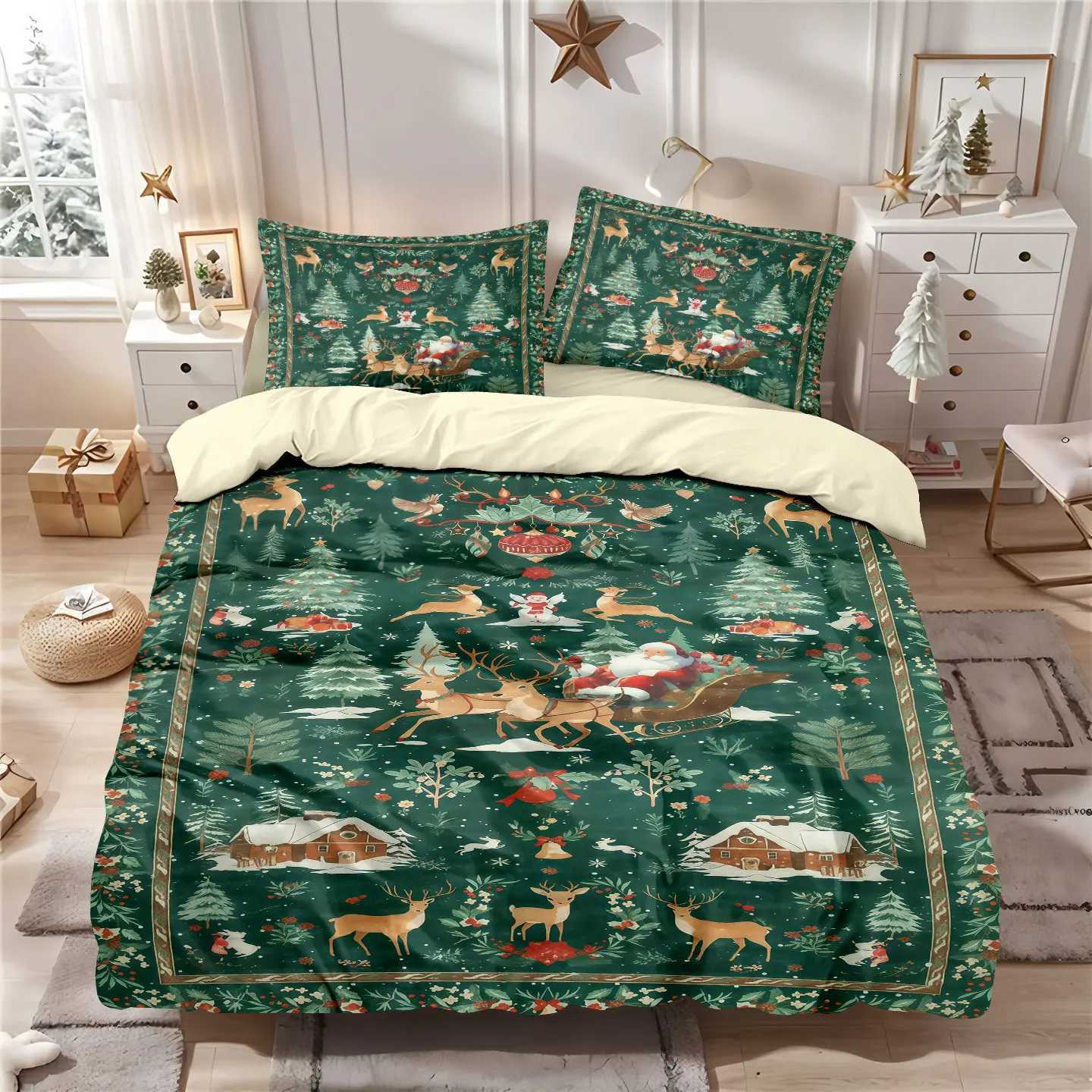 Christmas 3 Pcs Green Christmas Print Coreless Set Soft and Comfortable Including 1 Duvet Cover and 2 Complete Sets for Gift Y251126