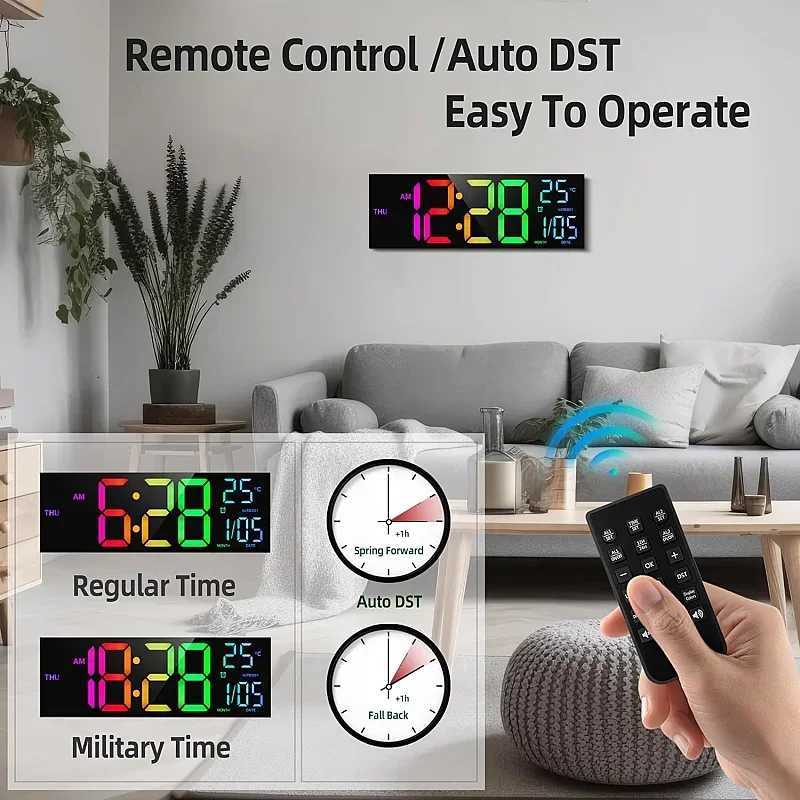 16 Inch Large Digital Wall Clock with Remote Control Mood Light 8 Clors RGB Dual Alarm Timing Countdown 12/24H LED Alarm Clock C251126