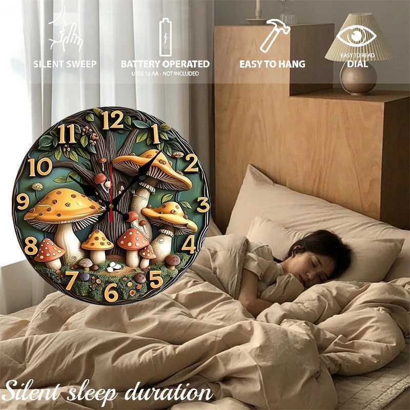 Cute Mushroom Tree Wooden Round Silent Hanging Wall Clock Suitable For Living Room Office Study RoomBedroom Home Decoration C251126