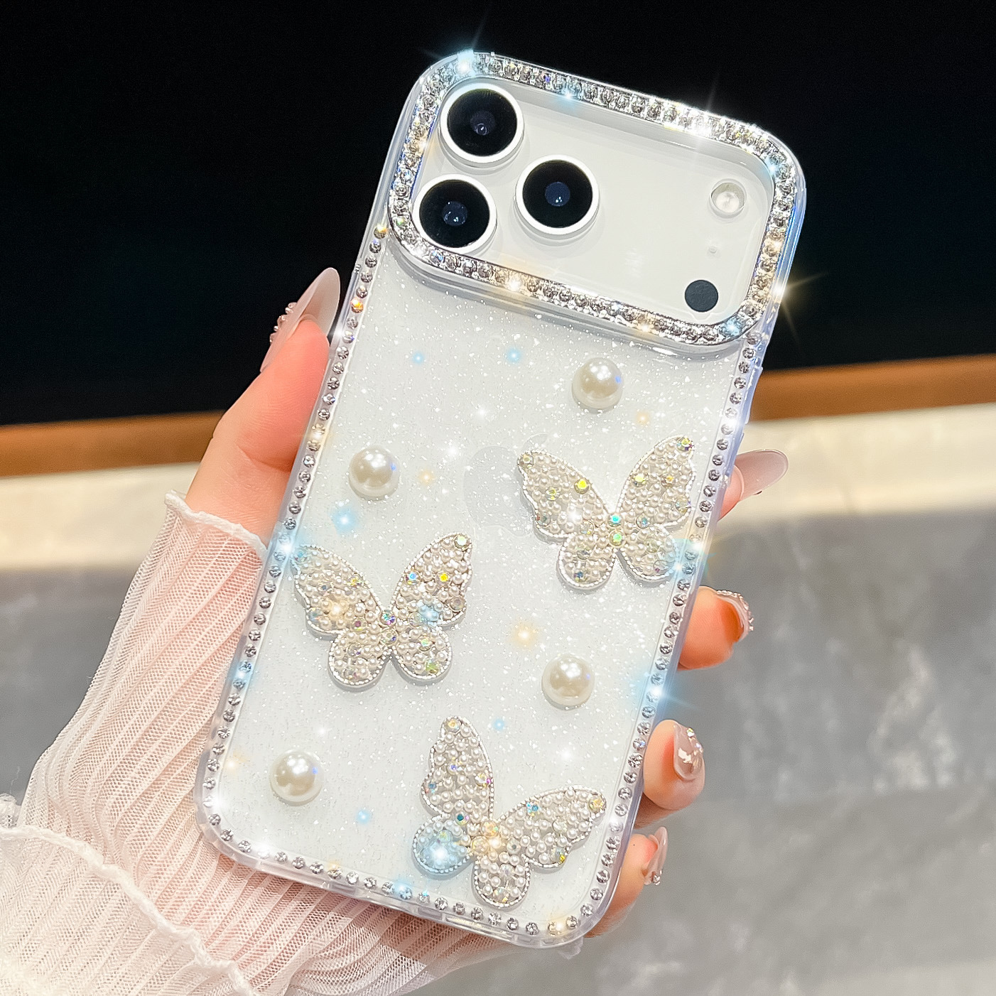Pearl Butterfly Phone Case Compatible with iPhone 17 Pro Max Shockproof Protective Case iPhone 16/15 Pro