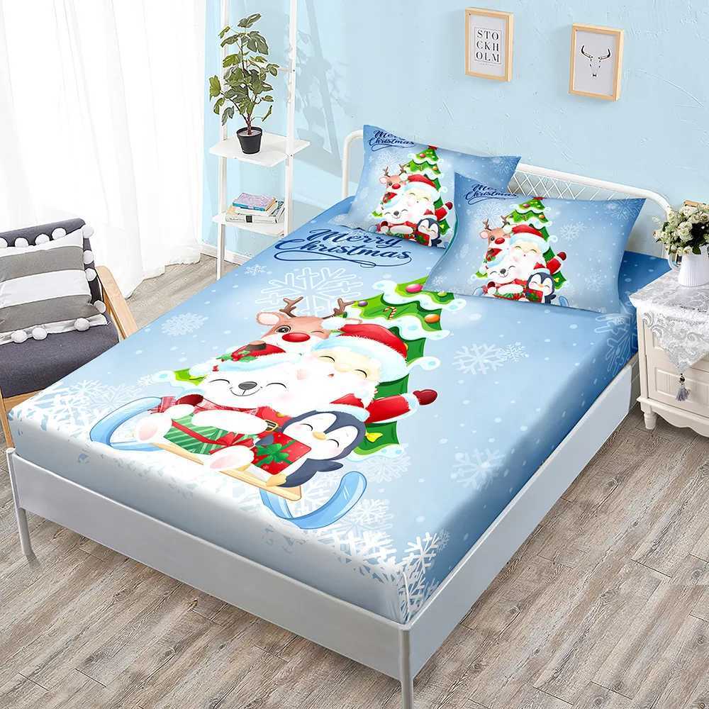 Christmas Santa Claus Printed Bed Sheets Snowflakes Christmas Trees Elk Elastic Bands Bed Sheet Pillowcases Home Decor Fashion Bedding Y251126