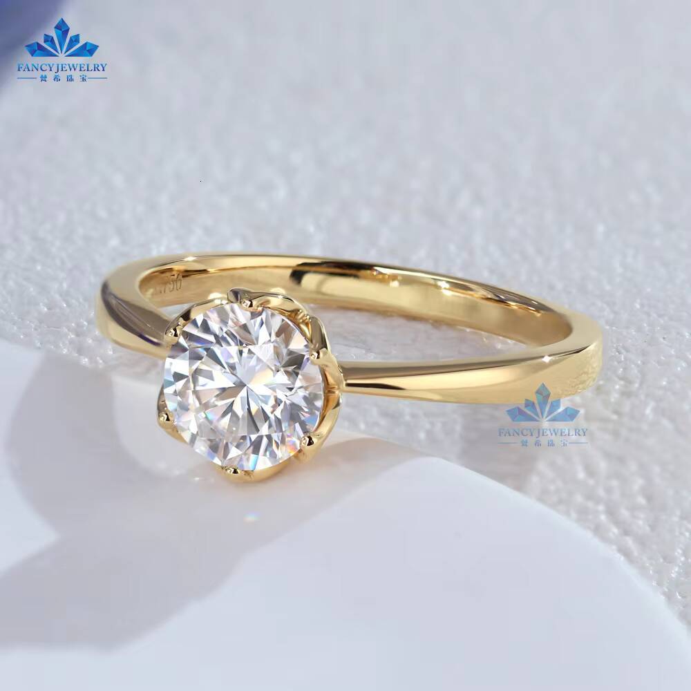 AU750 Genuine Yellow Gold 65mm 1CT Round Brilliant Cut VVS Moissanite Solitaire 18K Diamond Engagement Rings