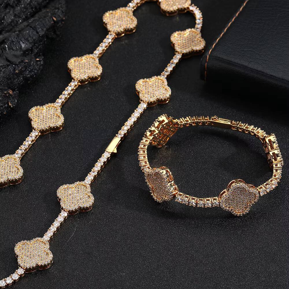 NUOYA Hip Hop Fine Jewelry Four-Leaf Clover Tennis Chain Necklace Women 18K Gold Plated 3a Zircon Iced Out Bling Diamond Chain