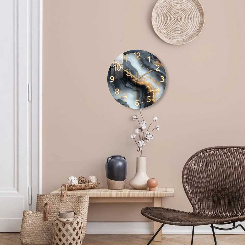 1 piece wooden wall clock fantasy theme - blue and gold marble - like texture pattern tempered film veneer silent clock suitab C251126