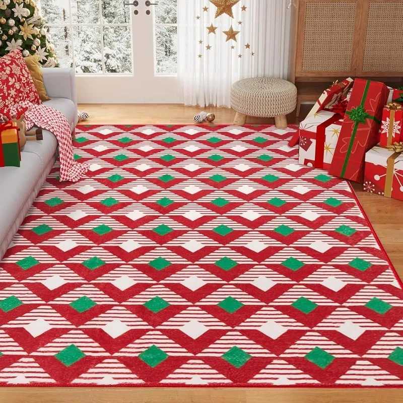 Christmas Carpet Christmas Tree Reindeer Diamond Grid Print Large Carpet Easy To Maintain Dirt Resistant Home DecorationM251126