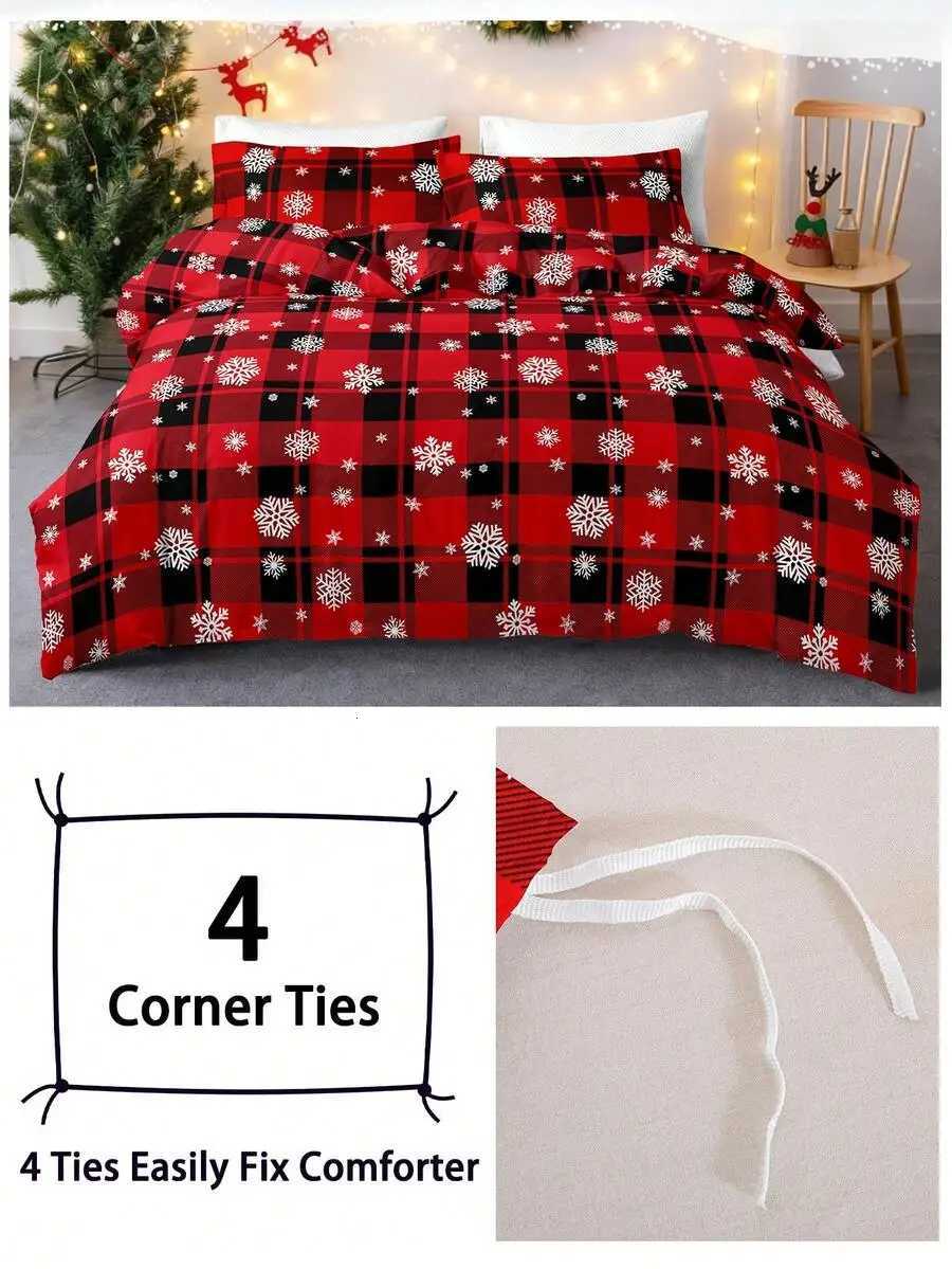 Christmas 3pcs/Set Christmas Red Grid Santa Claus Snowflake Print Duvet Cover Set1 Duvet Cover 2 PillowcaseSoft And Skin-Friendly Y251126