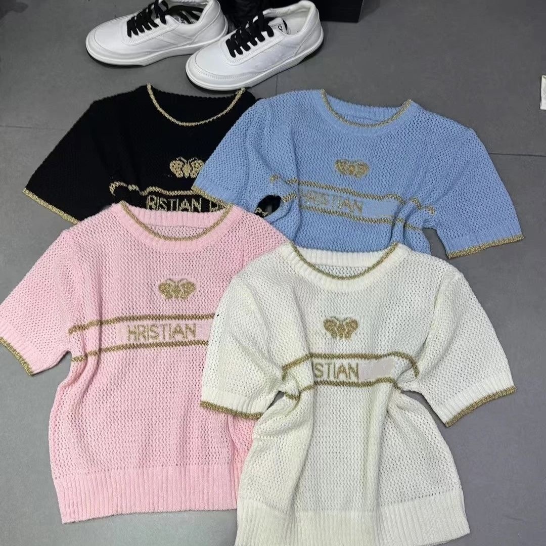 Women T Shirt Designer Tshirts Womens Fashion Letter Embroidery Graphic Tee Collar Knit Shirt Short Sleeve Tees