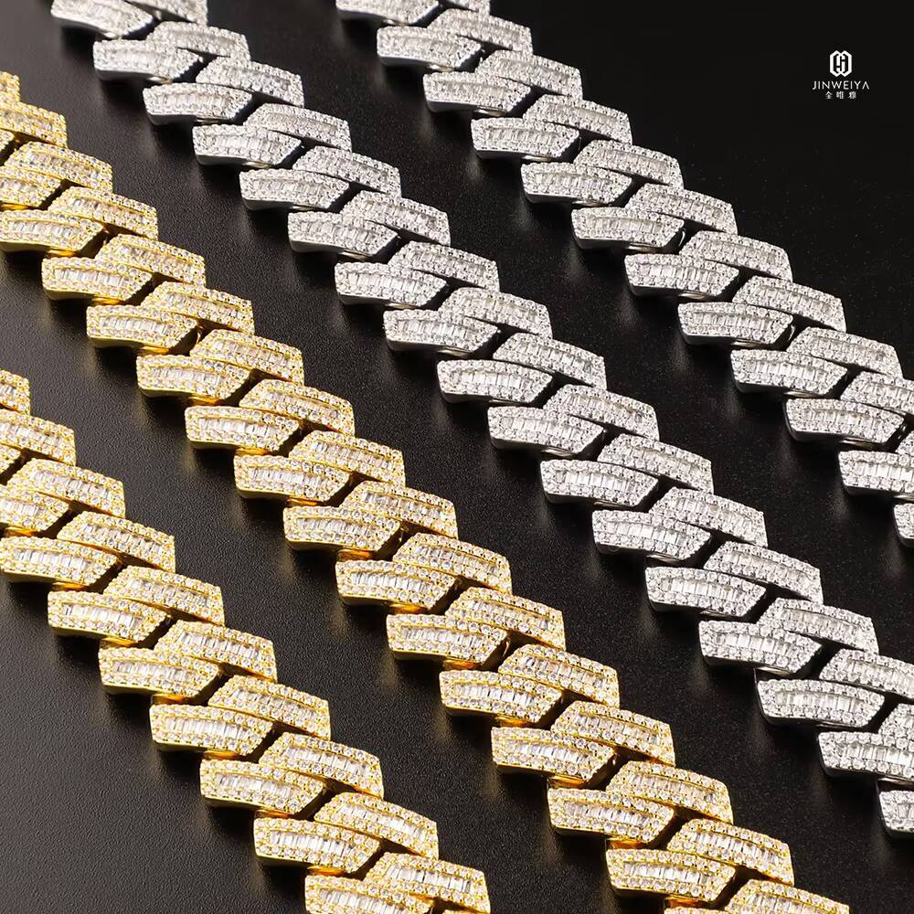 New Style 20mm Baguette Cubic Zirconia Prong Necklace with Cuban Link Chain White Gold Iced Hip Hop Jewelry