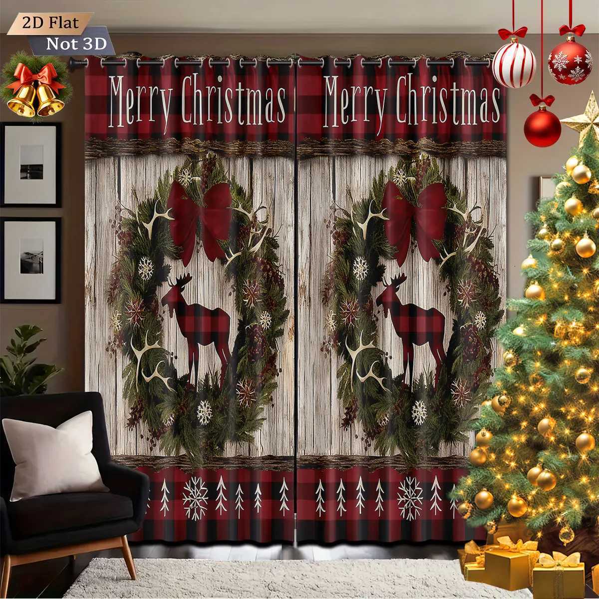 Curtain Christmas 2pcs Merry Christmas wreath reindeer print blackout curtains various size living room bedroom insulation holiday decoration Y251126