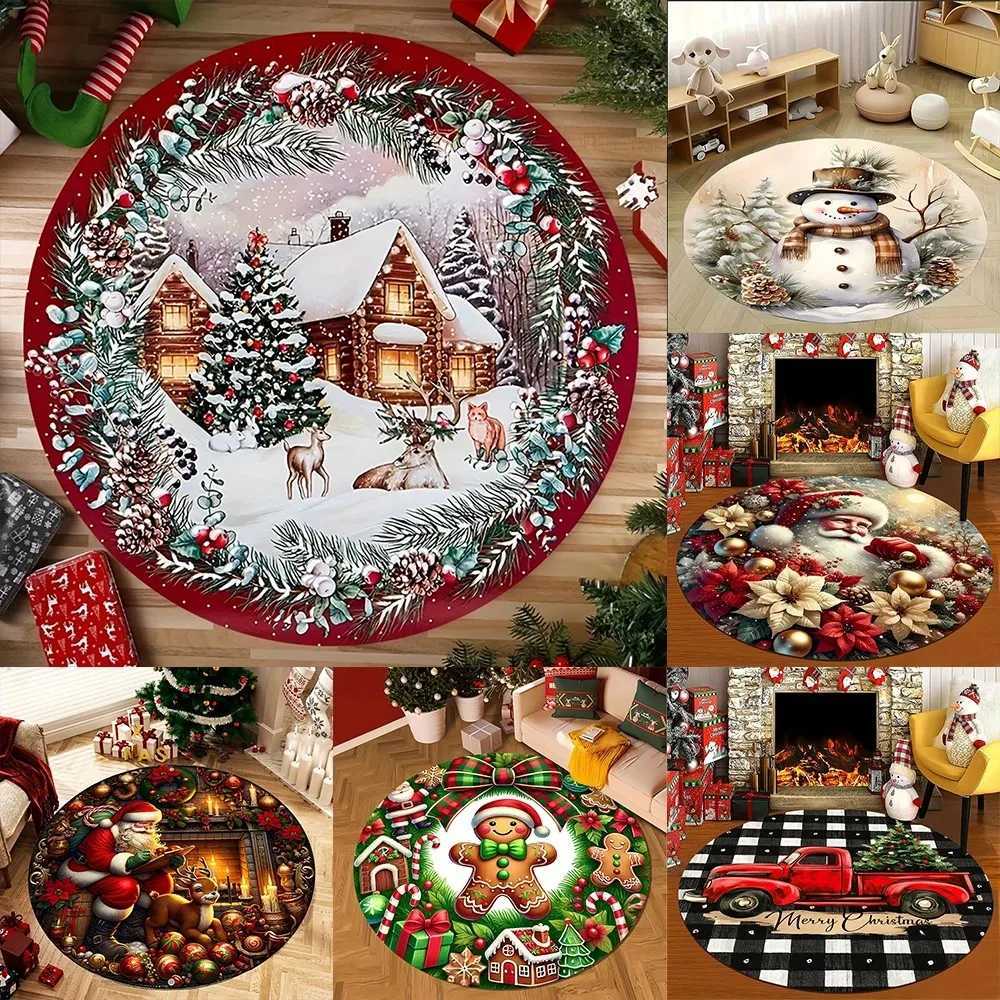 ADreamyRound Christmas Rug Decorated WithSnowScenes Cottagesand Santa Claus Motifs Perfect for Bedrooms and New Years HomedcorM251126