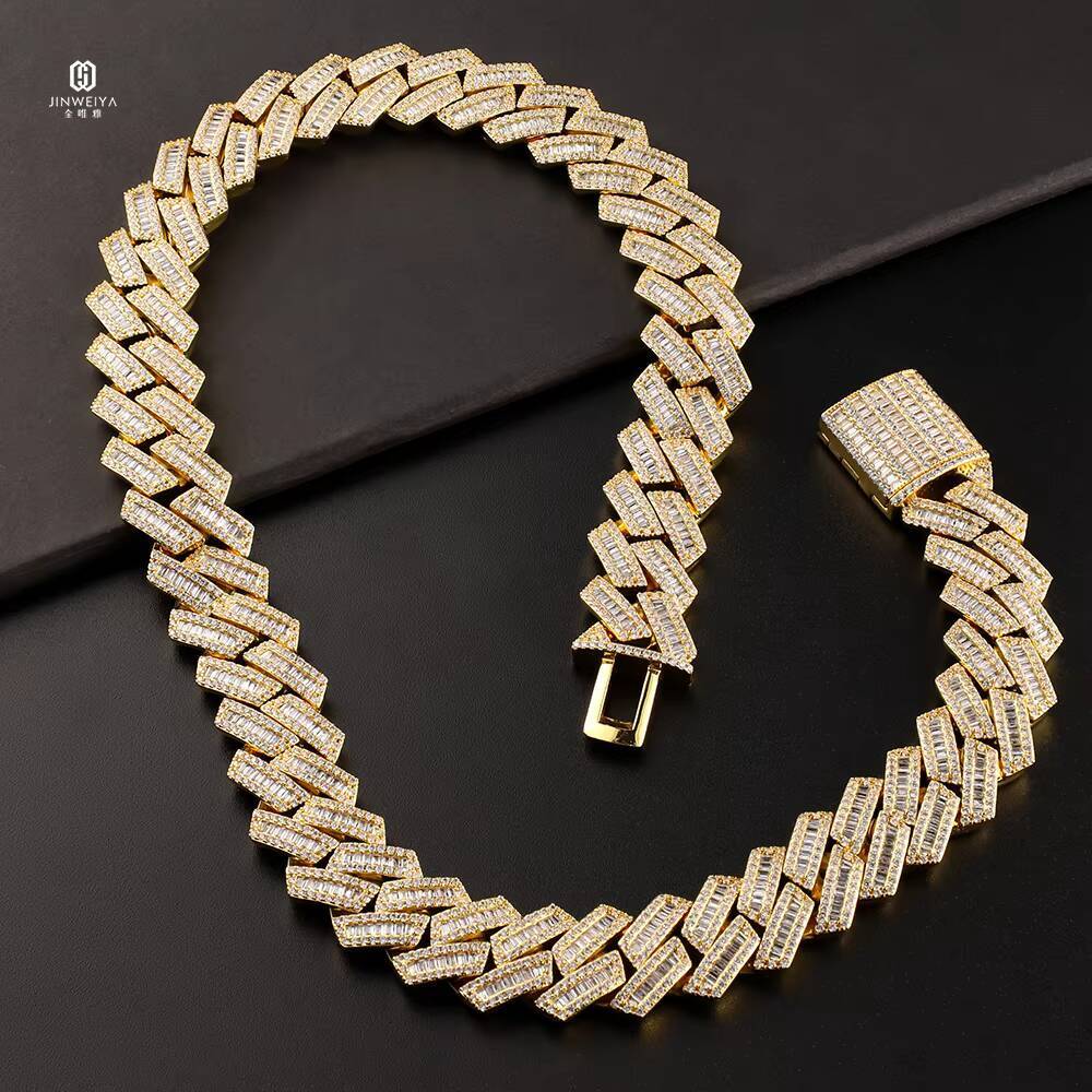New Style 20mm Baguette Cubic Zirconia Prong Necklace with Cuban Link Chain White Gold Iced Hip Hop Jewelry