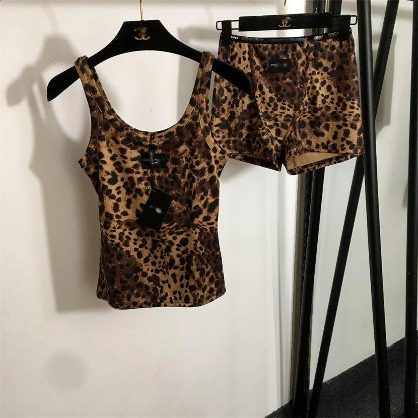 Womens Top Set Of Leopard Print Slim Fit Tank Top Shorts Simple Versatile Swimwear Sexy