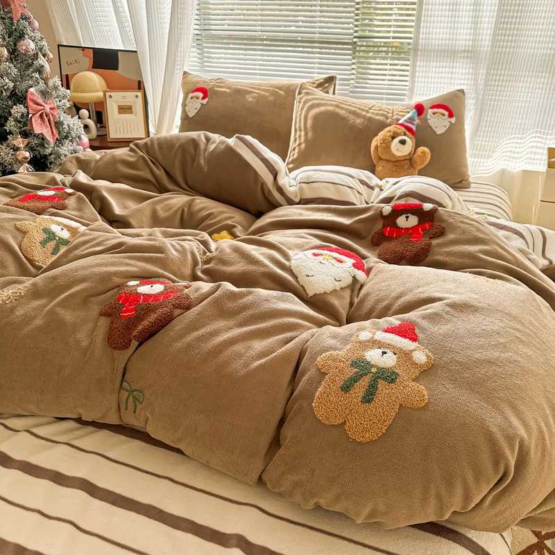 Christmas Brown Cute Christmas Bear Embroidery Bedding Set Single Double Queen Size Duvet cover Set Bed Sheet Pillowcases Christmas Gifts Y251126