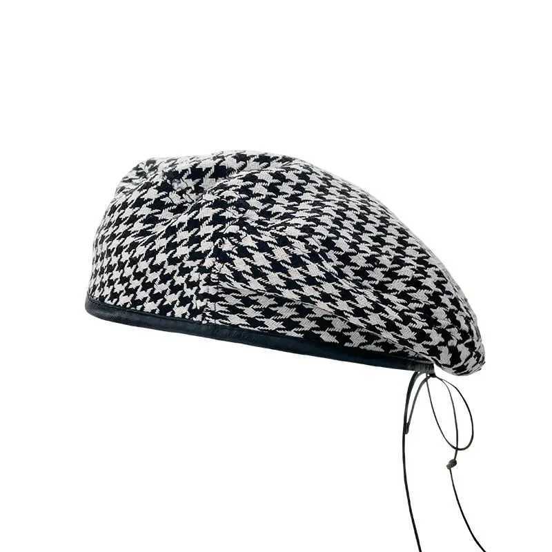 Black and White Plaid Beret Women French Berets Fashion Caps Female Houndstooth Berets Girls Beanie Hat With Adjustable Rope J251125