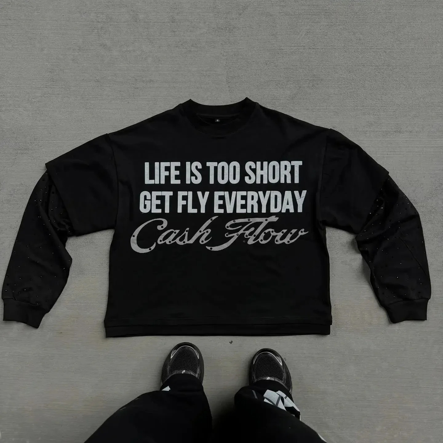 Y2K fashion autumn long sleeved T-shirt Harajuku letter graphic printing Gothic rhinestone double-layer long sleeved mens style 250423