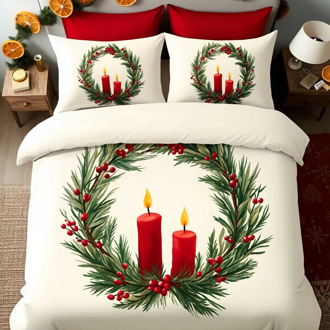 Christmas 3Pcs Hand Painted Christmas Card Bedding Set Polyester Whimsical Illustration Duvet Cover Queen Size Cozy Home Textile Artful Y251126