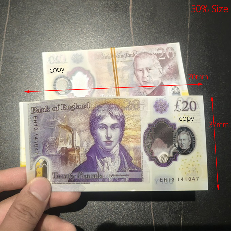 Realistic UK Plastic Money Party Supplies Fake Money Banknote 20 50 UK Money Toy Bar Canadian Prop Money Copy Currency Plastic Movie Money 100PCS/Pack 70*37mm 50% Size