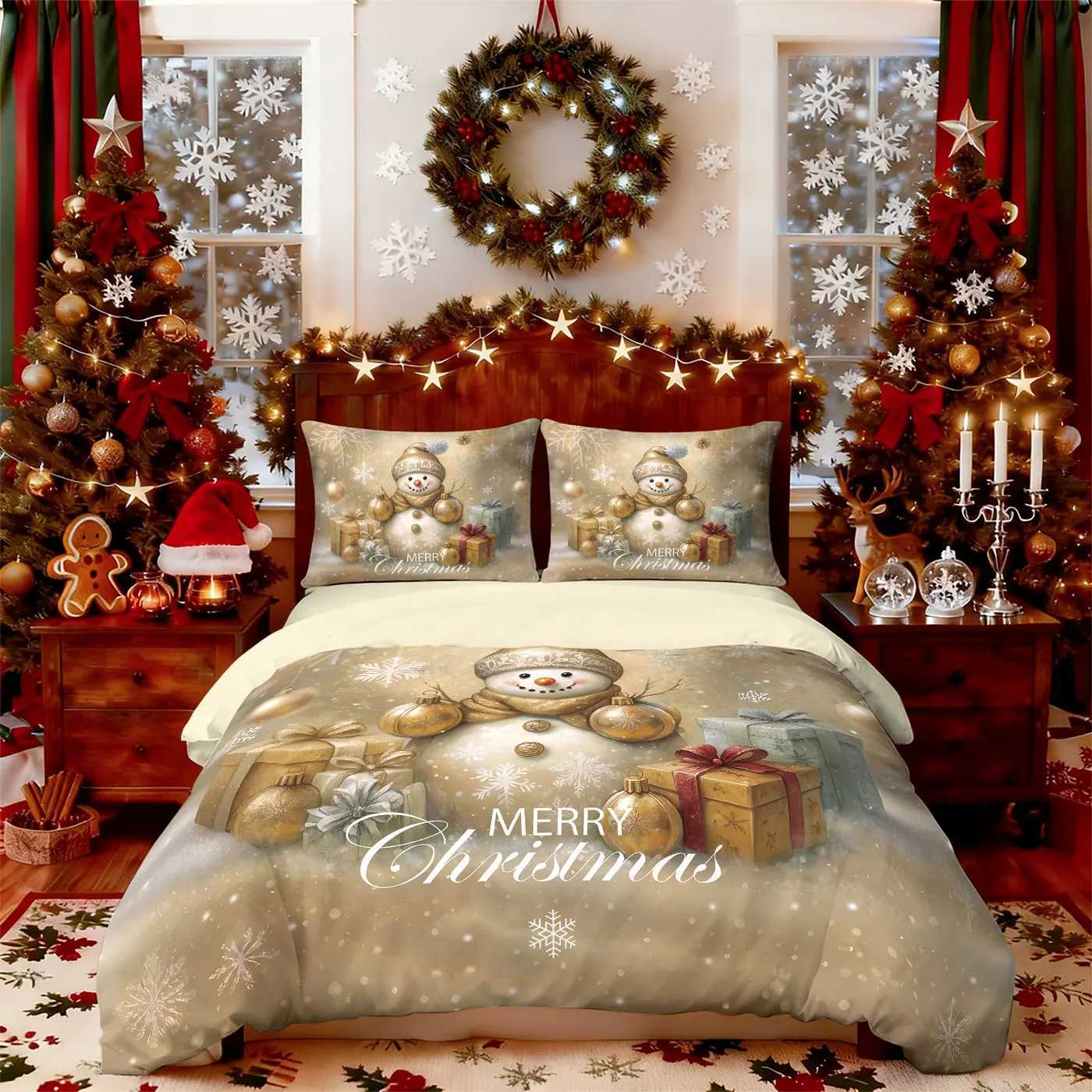 Christmas 3pcs Golden Christmas Snowman Printed Chipless Bedding Set Soft Dormitory Bedroom Multiple Sizes Machine Washable Y251126