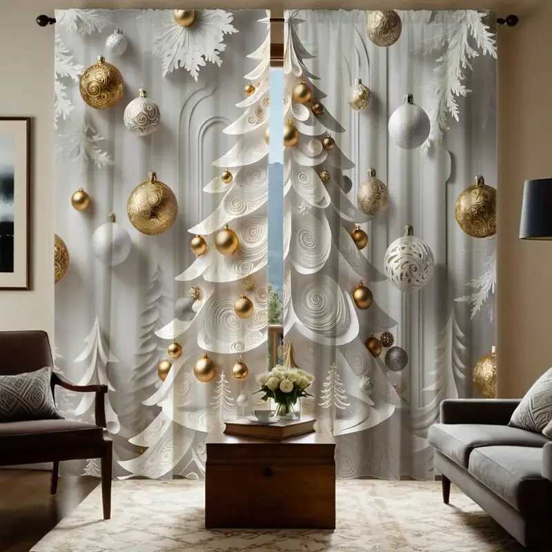 Curtain Christmas 2pcs Elegant Gold Christmas Tree Pattern Sophisticated Design Light - Filtering Polyester Curtains for Christmas Home Windows Y25112