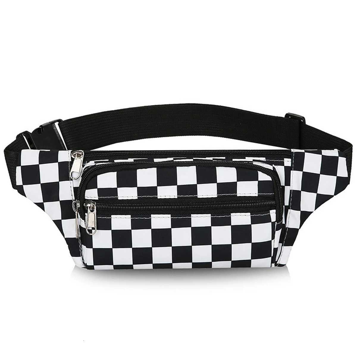 Large Capacity Waterproof Outdoor Sports Waist Bag Mens and Womens Black and White Plaid Mobile Phone Bag Student Waist BagT251126