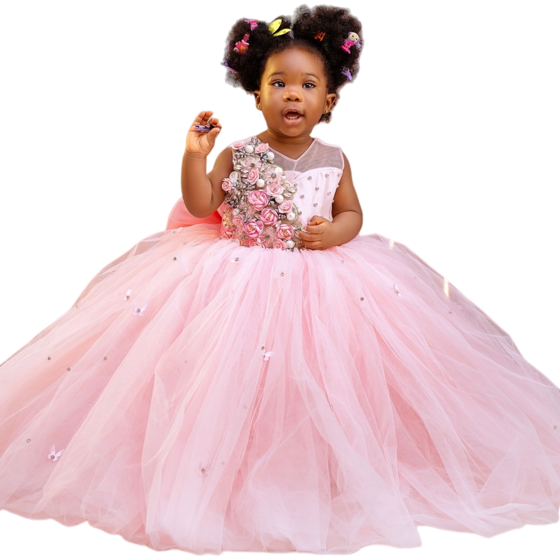 2026 Pink Ball Gown Flower Girl Dresses Sheer Neck Flowers Crystals Tulle Little Girl Christmas Peageant Birthday Christening Tutu Dress Gowns ZJ4275