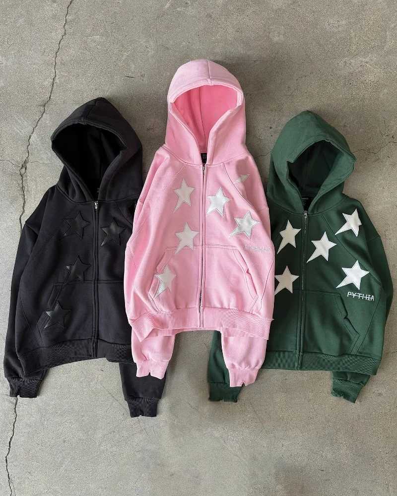 Y2K Harajuku New Fashion Star Patch Zipper Hoodie Women Gothic Hip Hop Popular Casual Couple Plus Velvet Padded Sports Sweater J251136