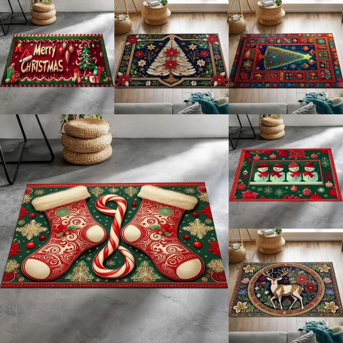 Festive Christmas Doormat Stocking Candy Snowman Tree Design FloorMat for Living Room Bedroom Holiday Decor Winter Seasonal GiftM251126