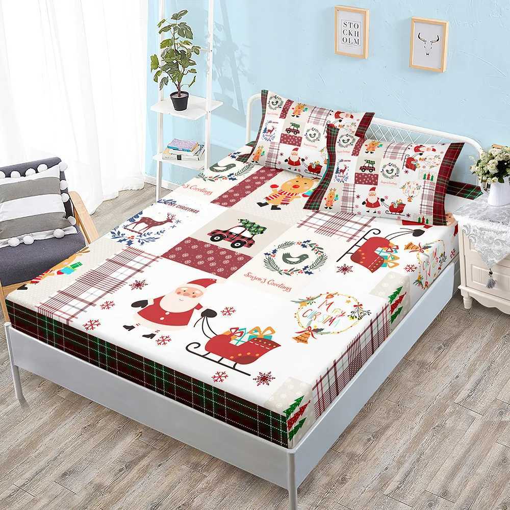 Christmas Santa Claus Printed Bed Sheets Snowflakes Christmas Trees Elk Elastic Bands Bed Sheet Pillowcases Home Decor Fashion Bedding Y251126