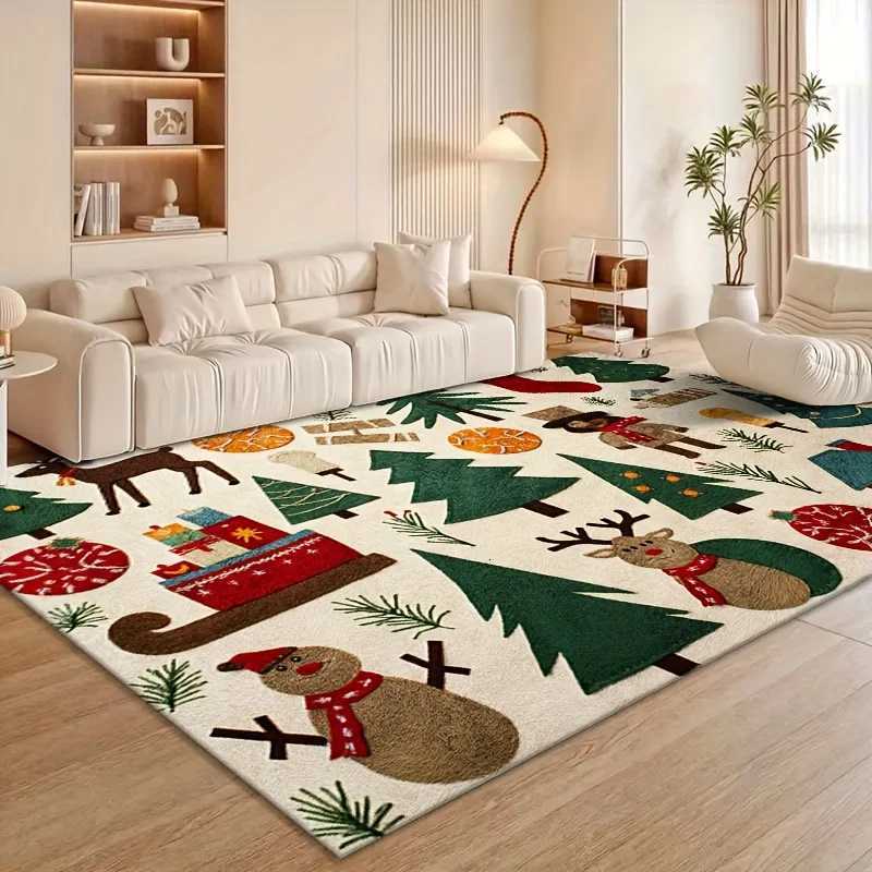 Cartoon Christmas Carpet Santa Snowman Rug Reindeer Stocking Mat White Colorful Home Decoration Non-Slip Living Room Floor MatM251126