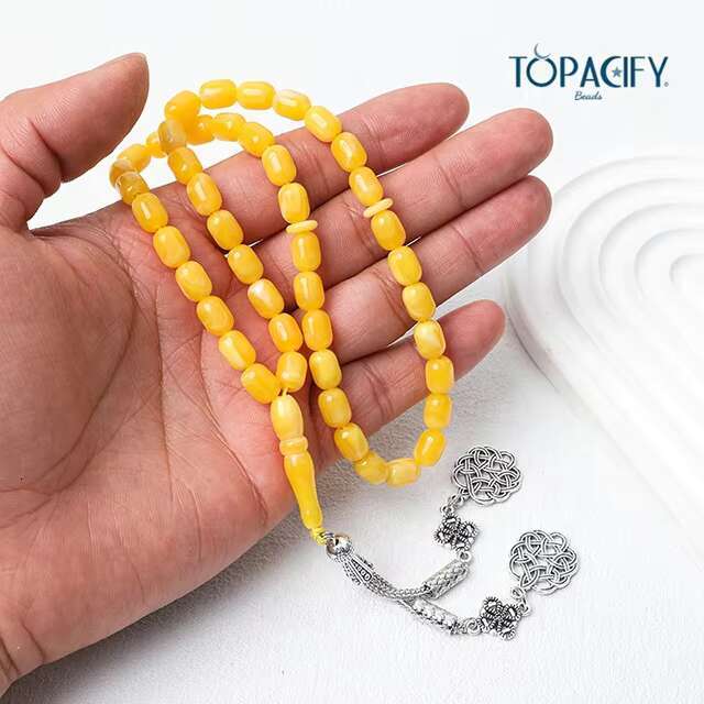 Hot Sale Isamic Misbaha Yellow Cylindrical 45-beads Prayer Religious Rosaries with Alloy Pendant Muslim Tesbih Gift for Eid