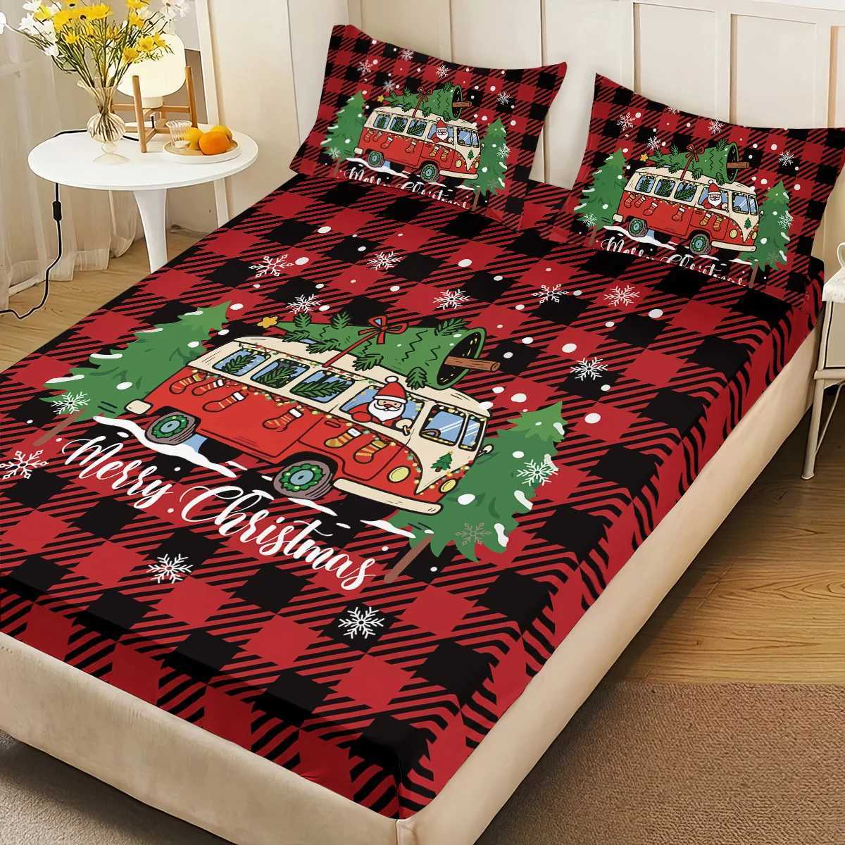 Christmas 3pcs Christmas red checkered car print coreless bed sheet set multiple size soft bed covers bedroom bedding decorations Y251126