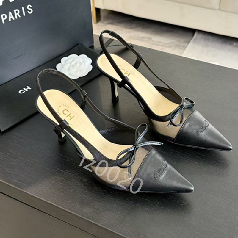 Luxury Designer shoes backless sandals slim high heels mesh beige black veil rhinestone kitten high heels women's luxurious bow tie wedding dress shoes Brand shoes
