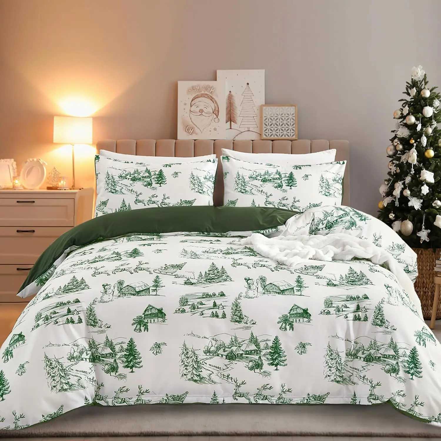 Christmas Christmas Duvet Cover Set Green Christmas Tree Snowman Village Duvet Cover Soft Microfiber Bedding SetKing Size 220x230cm Y251126