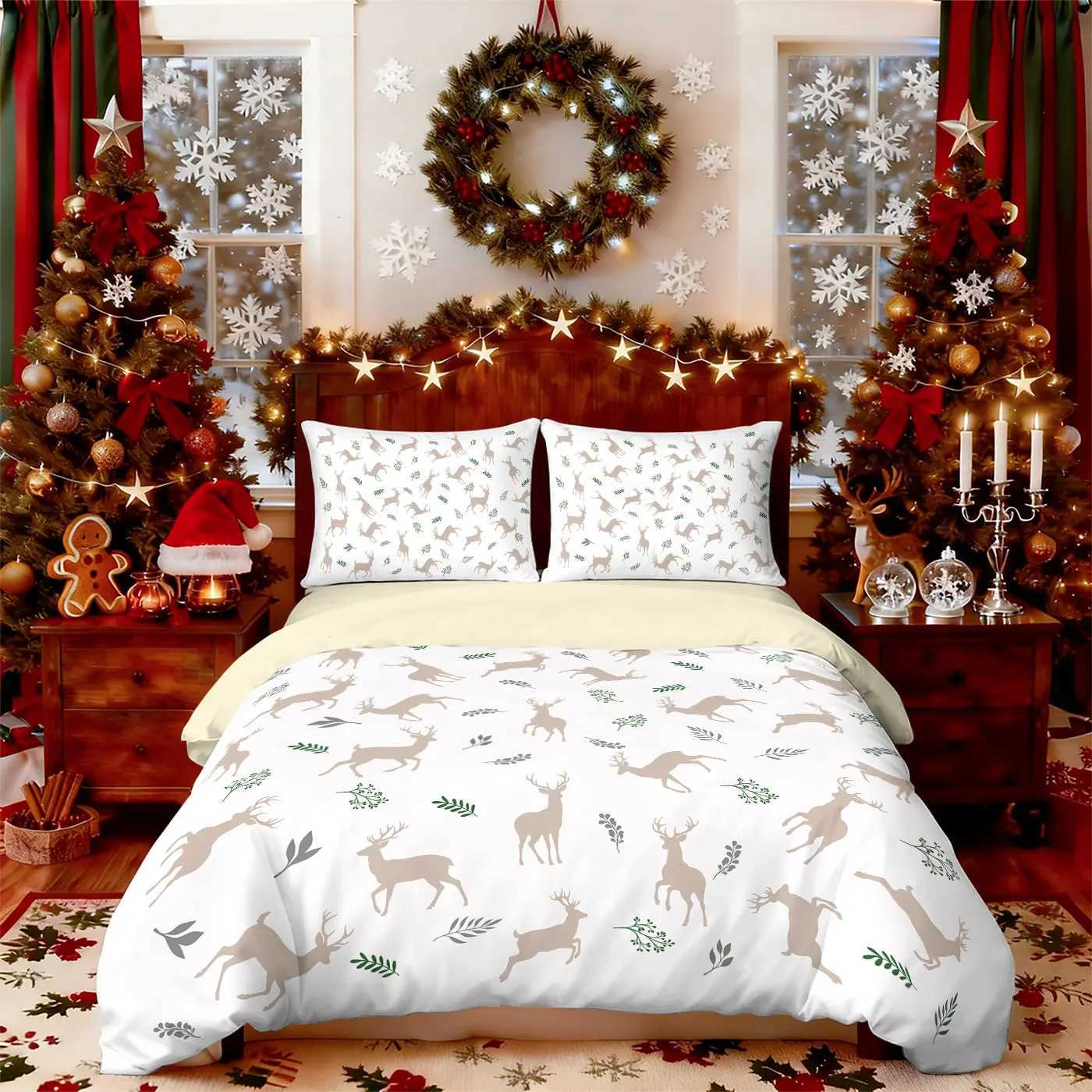 Christmas 3pcs minimalist reindeer print coreless duvet cover set comfortable bedroom dormitory bedding holiday decoration multiple sizes Y251126