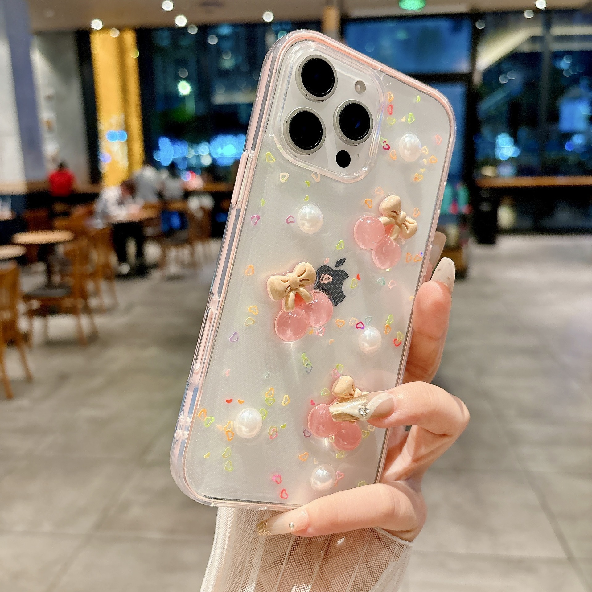 Compatible with iPhone 16 Two-in-One Candy Resin Cherry Phone Case Apple 15 Pro Max Pearl Transparent Two-Tone