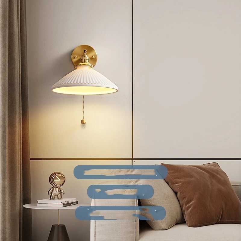 IWHD Nordic Ceramic LED Wall Light Fixtures Pull Chain Switch E14 Socket Copper Modern Beside Lamp Sconce Home Lighting Wandlamp M251126