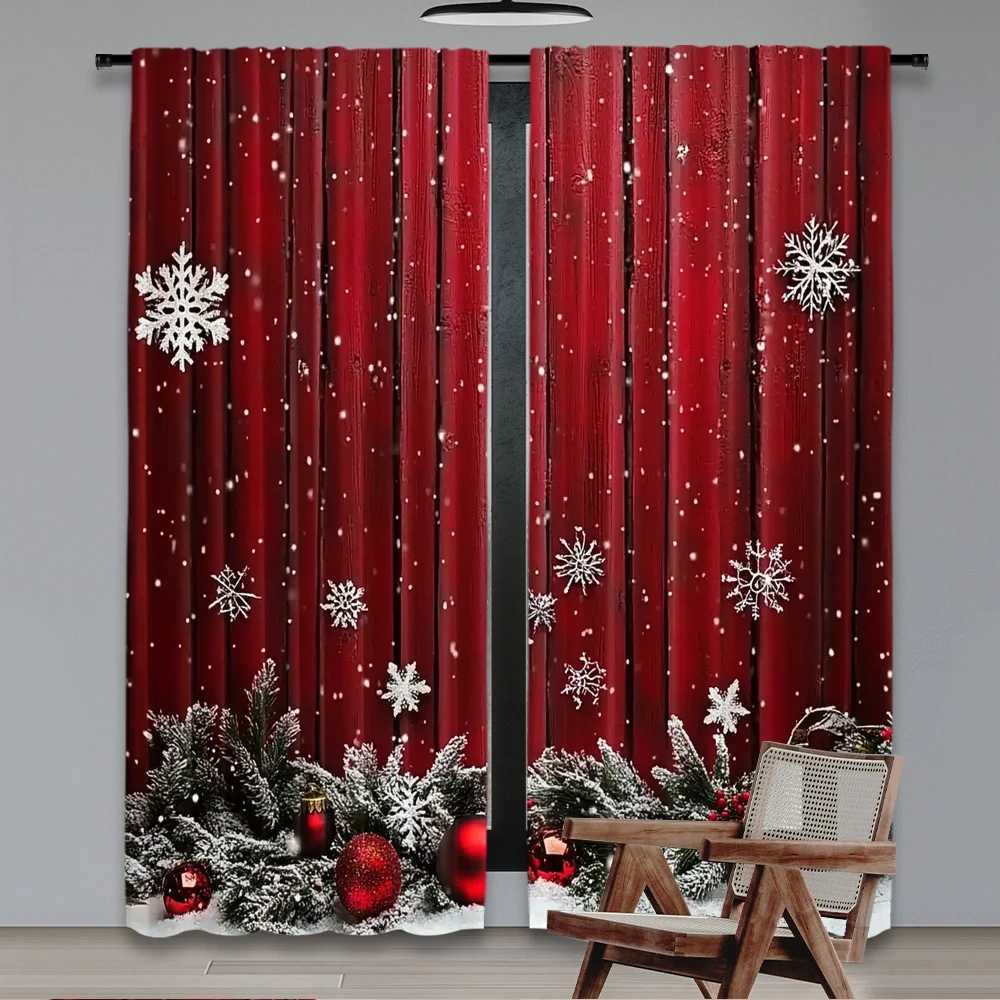 Curtain Christmas 2D flat printing 2pcs Merry Christmas Party Curtains Festive snowflakes and pine branches Digital Printed Polyester Drapes Y251126