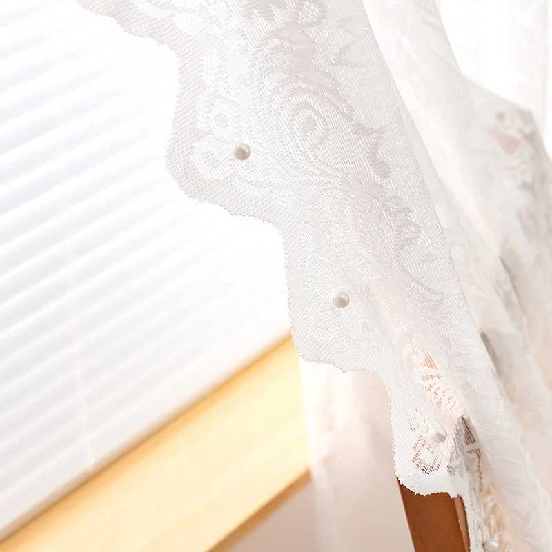 Curtain Christmas French white vintage warp knitted lace beaded gauze curtains in the living room bedroom bay window partition wave lace Korean Y25112