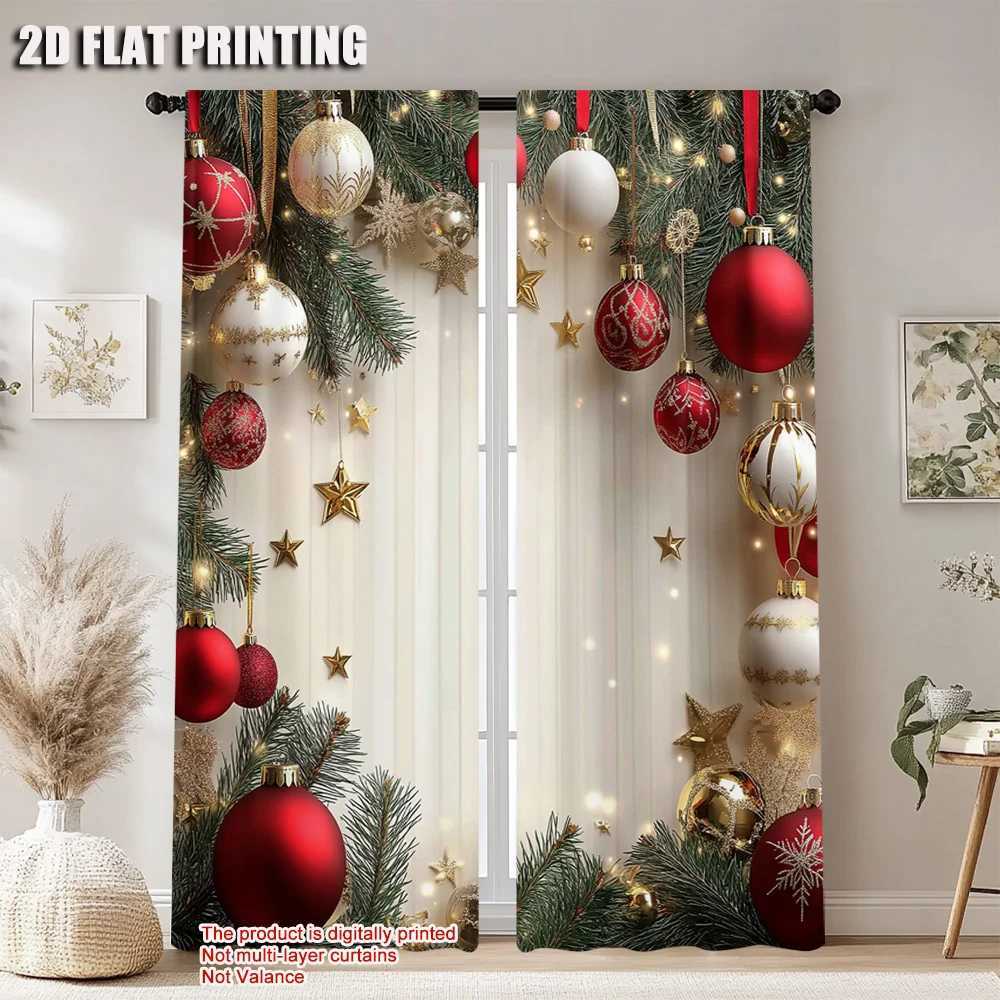 Curtain Christmas 2Pcs Festive Golden And Red Ball Pine Leaves Design Christmas Window Curtains Polyester Rod Pocket Design For Living Room Y251126