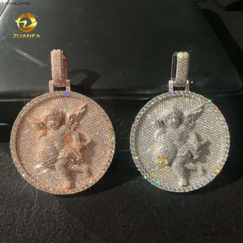 2.5inch Diameter Rose White Gold Plated Iced Out Sterling Sier Hip Hop Jewelry VVS Moissanite Angel Pendant