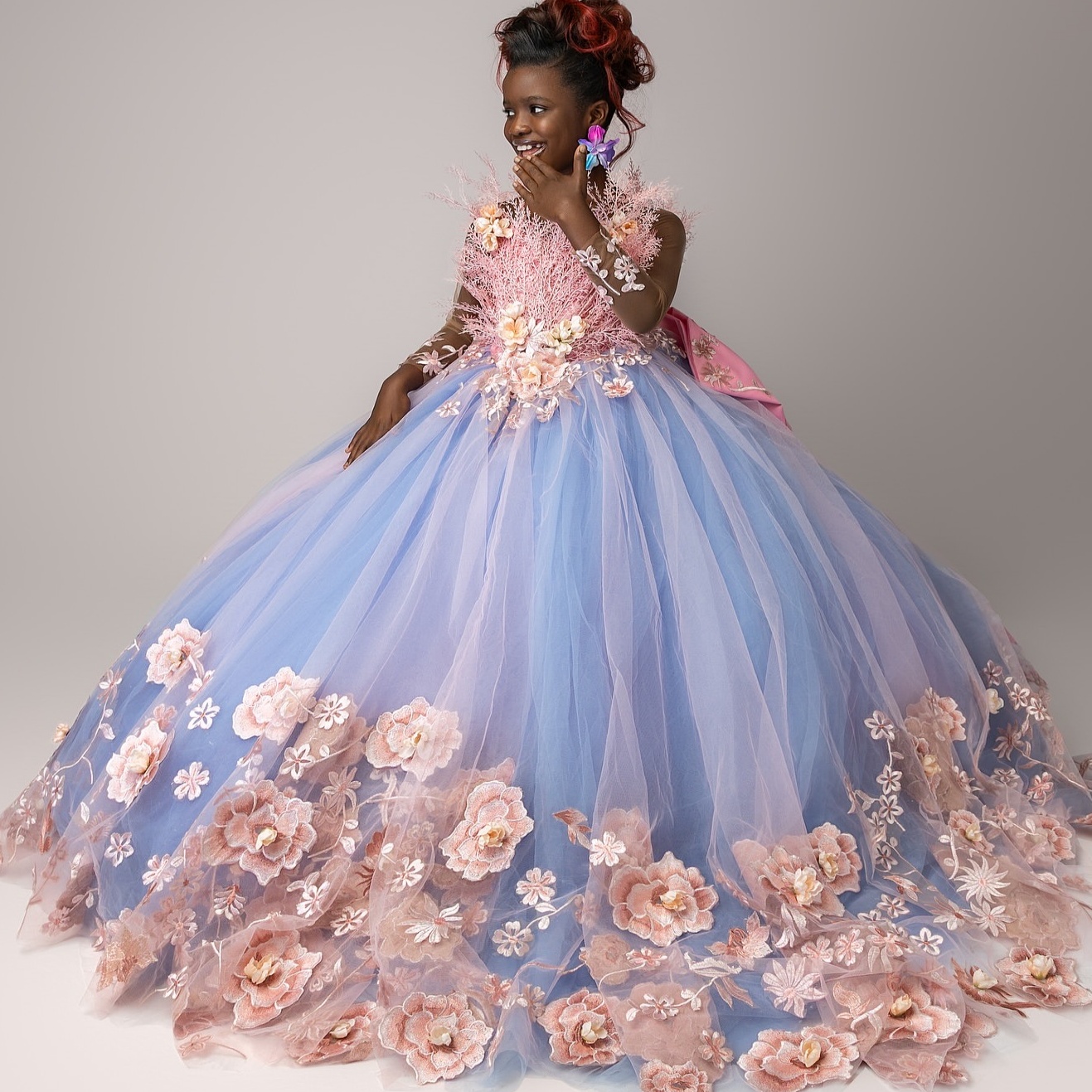 2026 Light Sky Blue Ball Gown Flower Girl Dresses Tulle Flowers Floral Lace Little Girl Christmas Peageant Birthday Christening Tutu Dress Gowns ZJ427