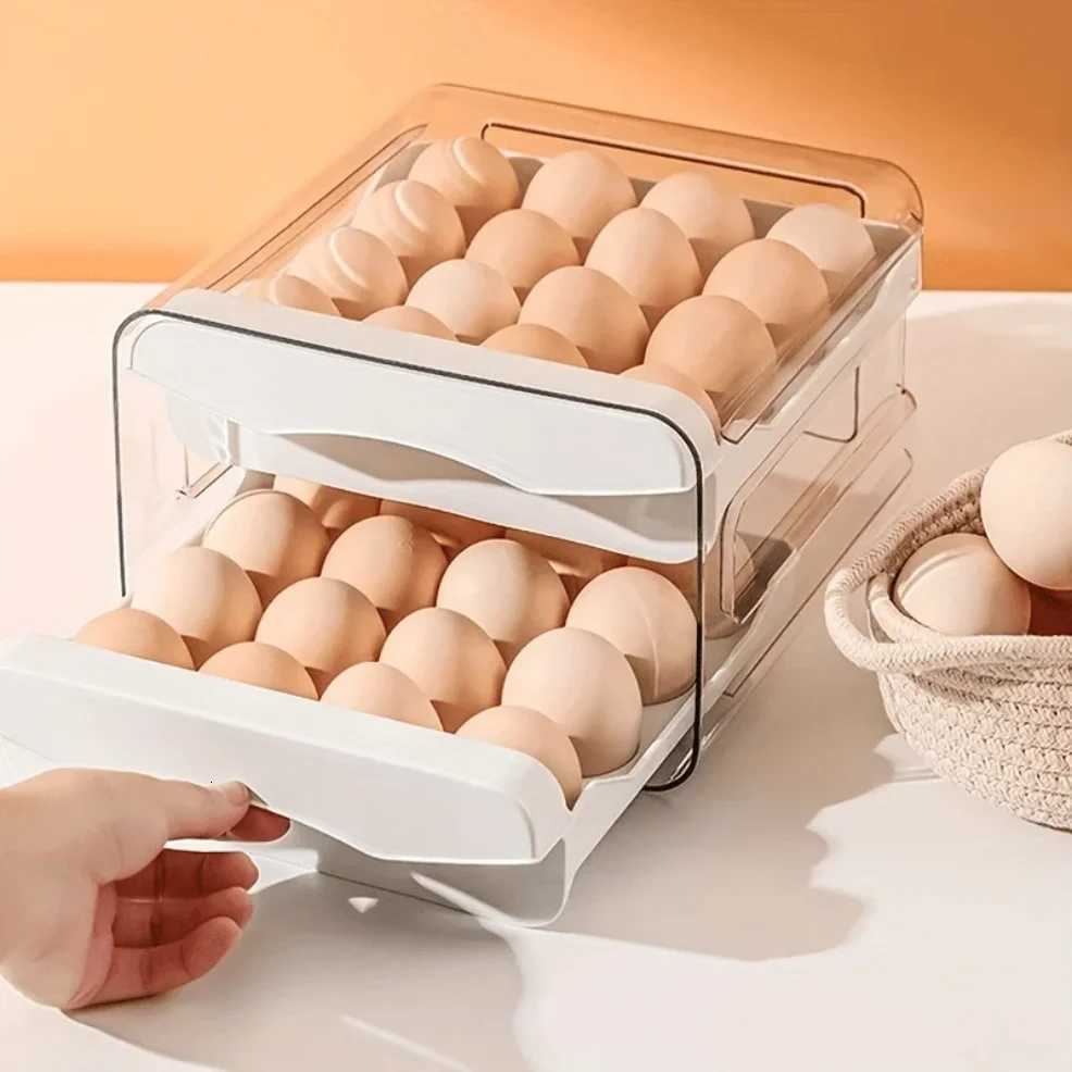1pc Kitchen Egg Storage Box Refrigerator Fresh Plastic 2-Layer Drawer Type Large Capacity Storage Home Kitchen Organizer Rack Y251126