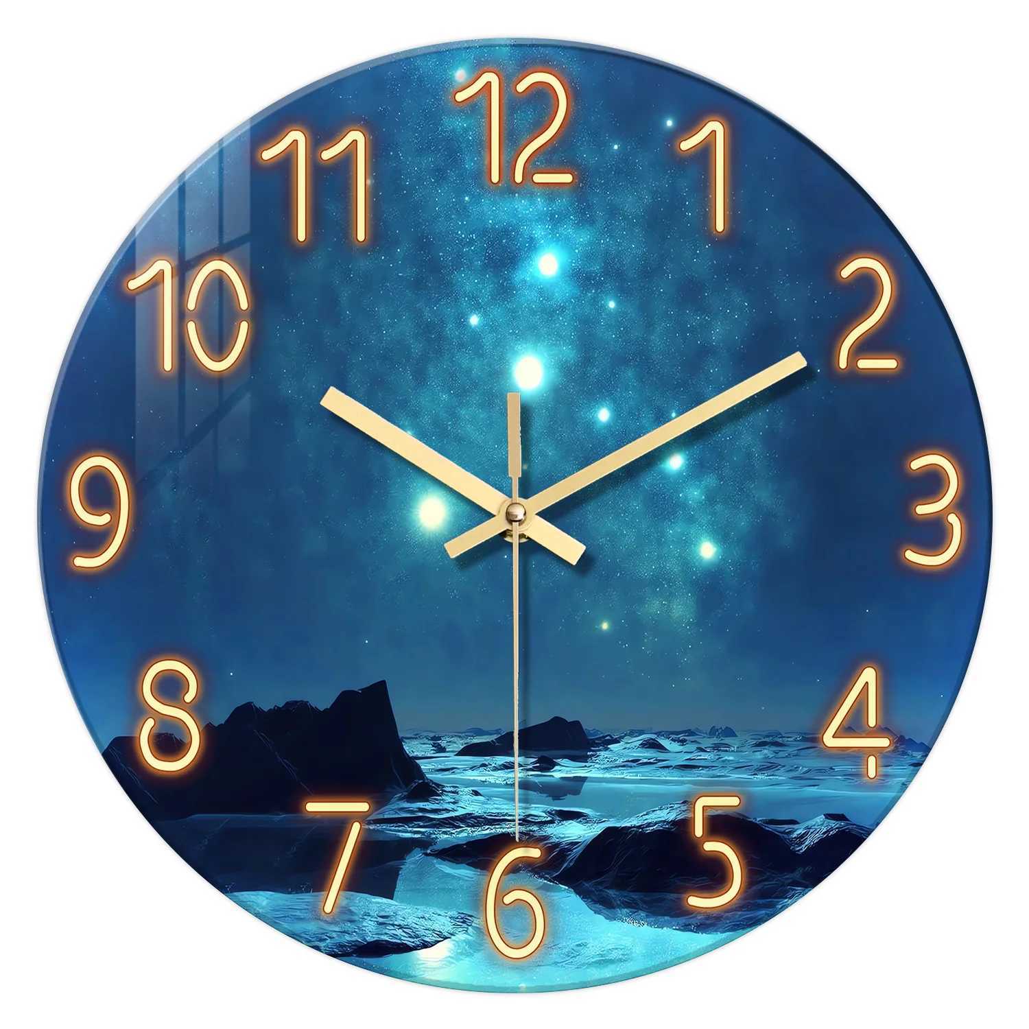 1pc glass wall clock Blue star Mountain River sea design wall clock home mute wall clock decoration living room bedroom C251126