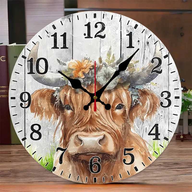 Scottish Highland Cow Wooden Round Silent Hanging Wall ClockSuitable For Living RoomOfficeStudy RoomBedroomHome Decoration C251126